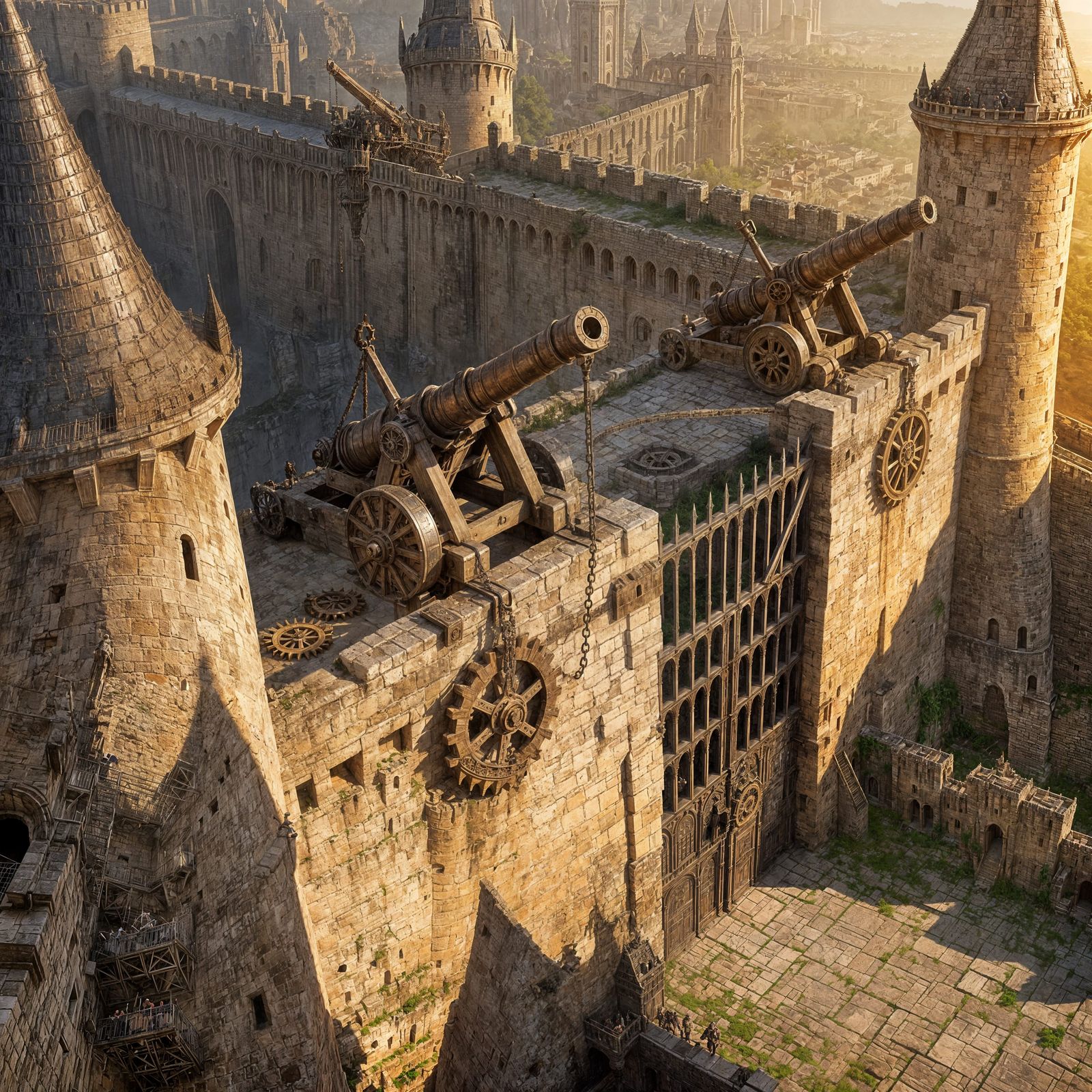 Unbreachable Fortress with Spires and Mechanical Defenses