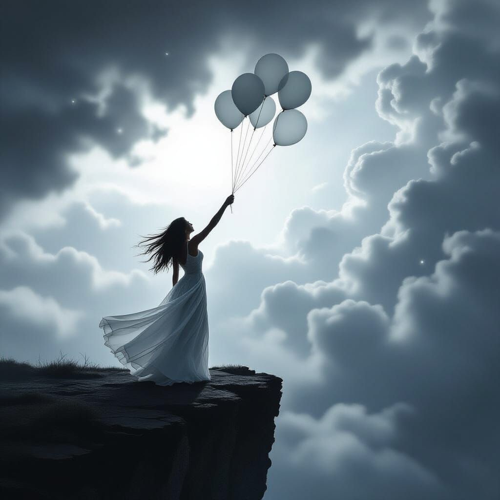 Silhouette of Woman Releasing Balloons into Stormy Sky