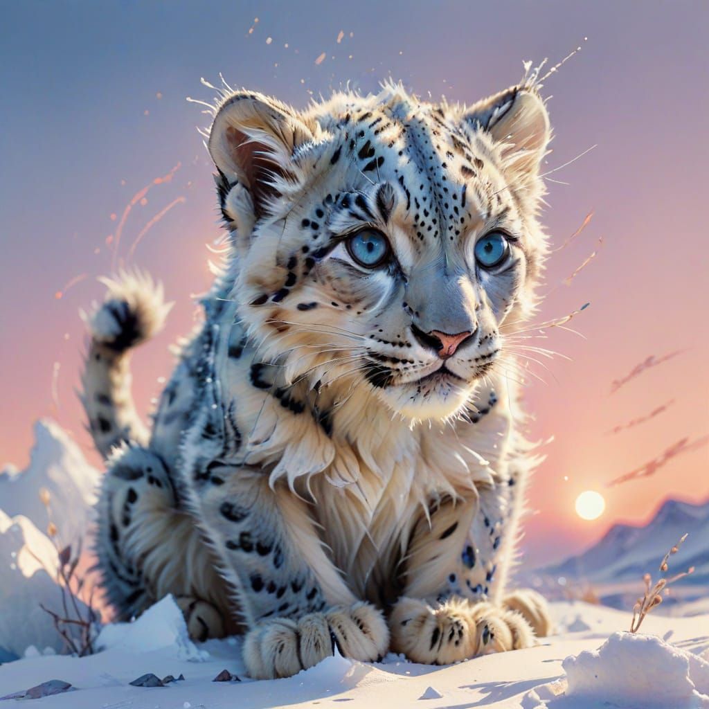 Fluffy Snow Leopard Cub in Digital Watercolor Painting