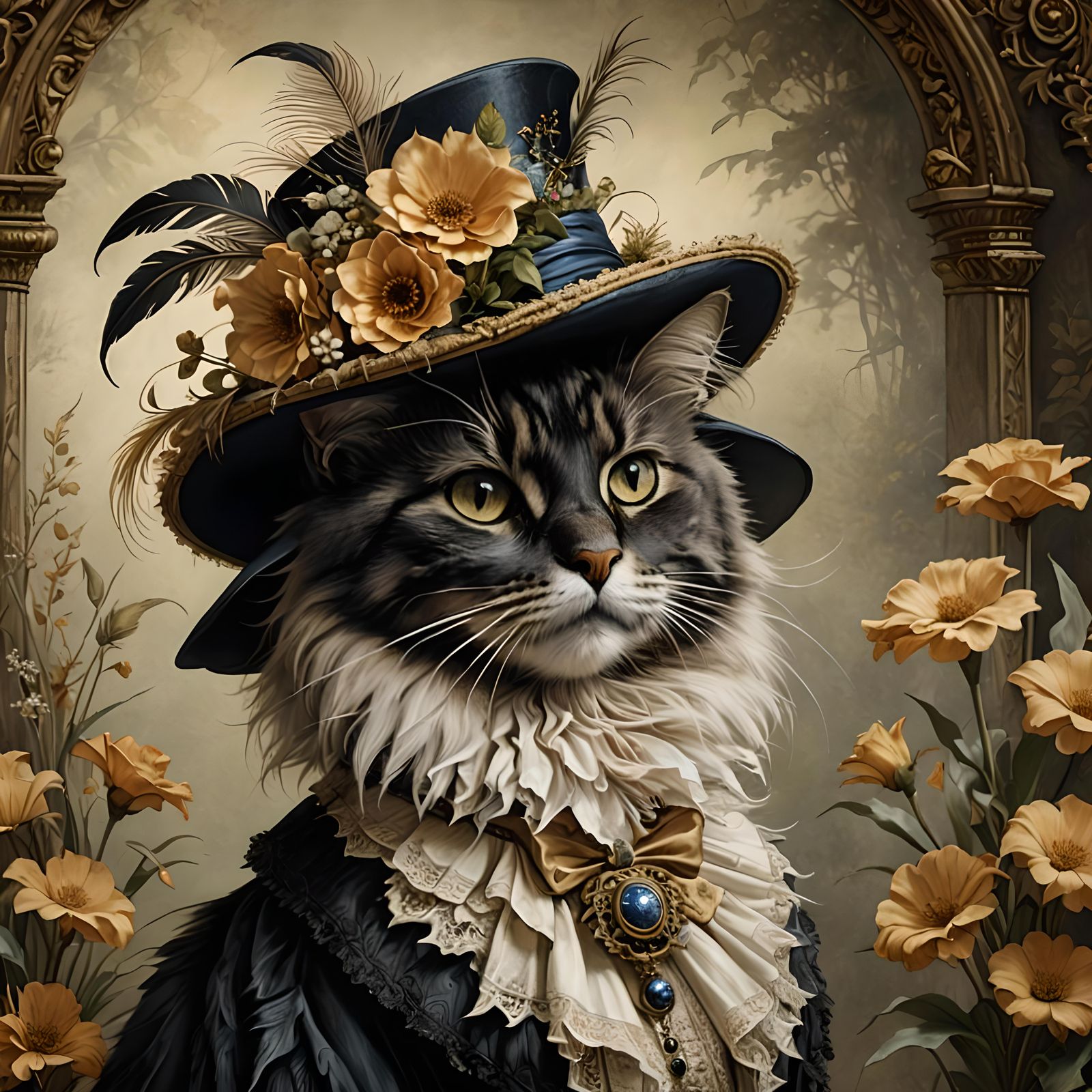 Victorian Lady Cat Portrait in Hyperrealistic Style