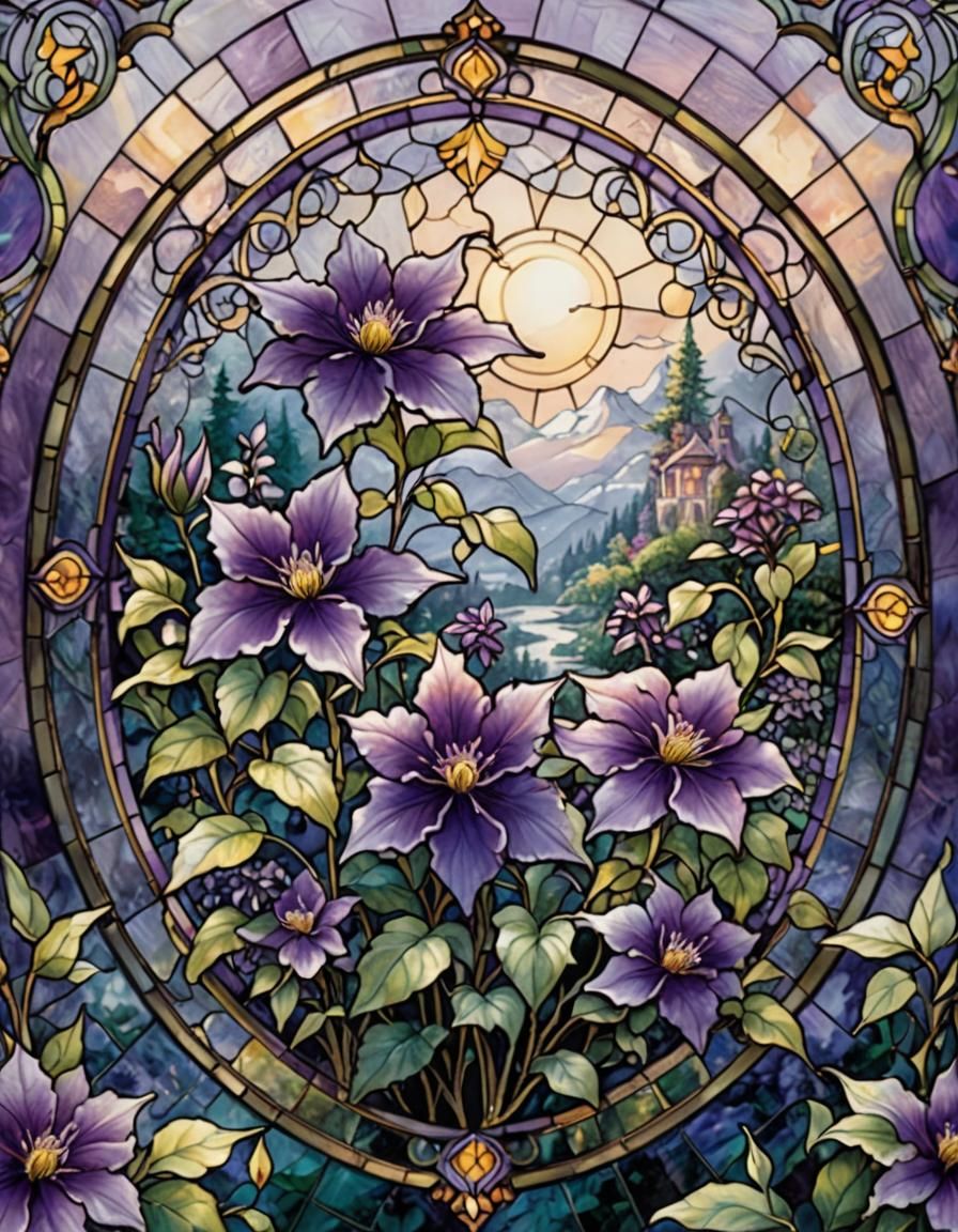 Vibrant Purple Clematis Flower in Stained Glass