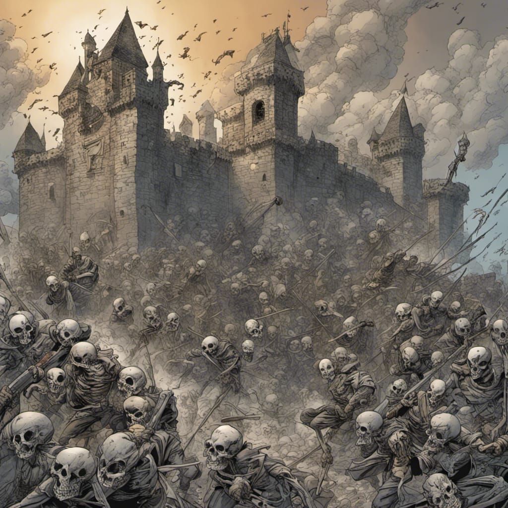 Skeletons Attack Castle in Comic Book Style