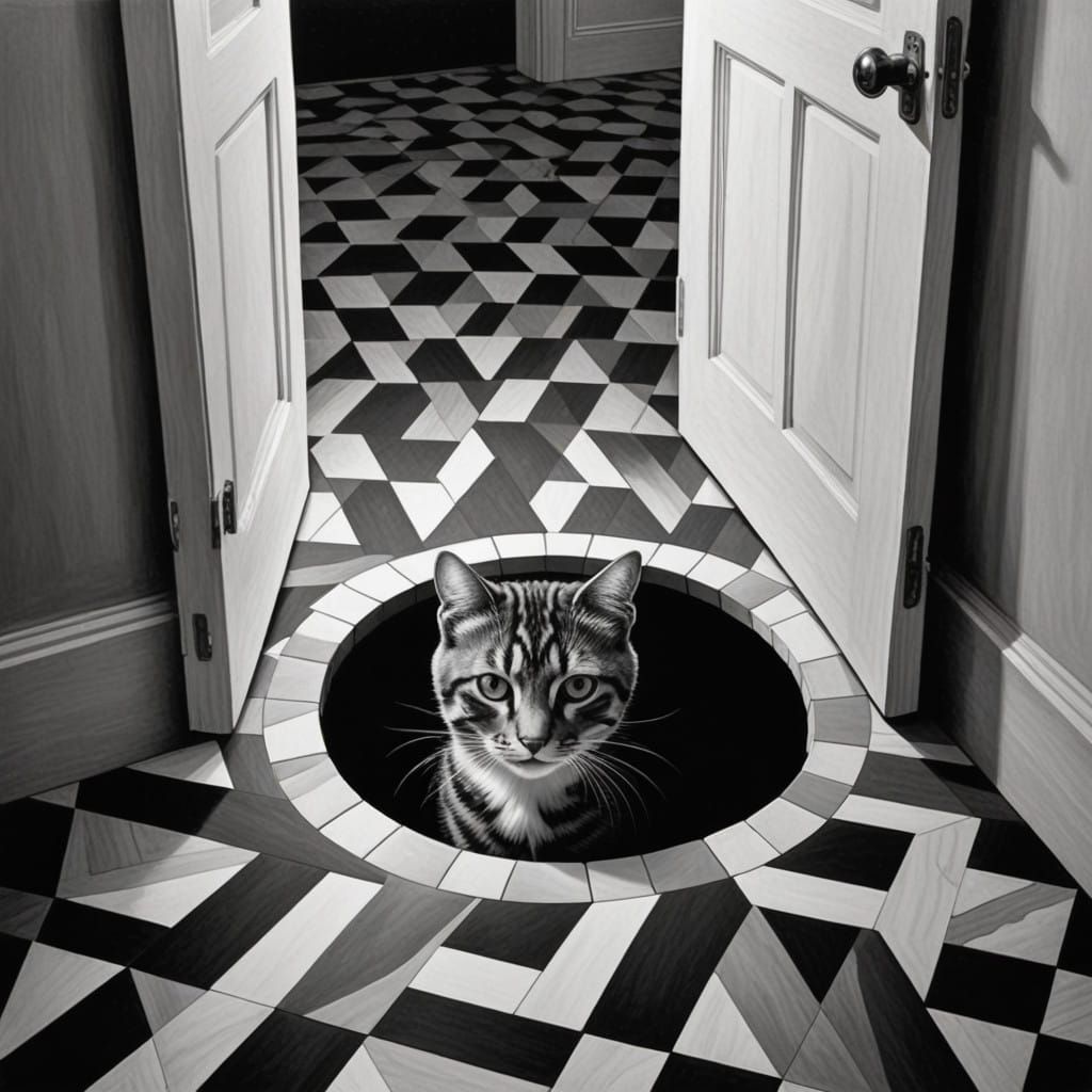 Whimsical Black and White Optical Illusion with Curious Cat