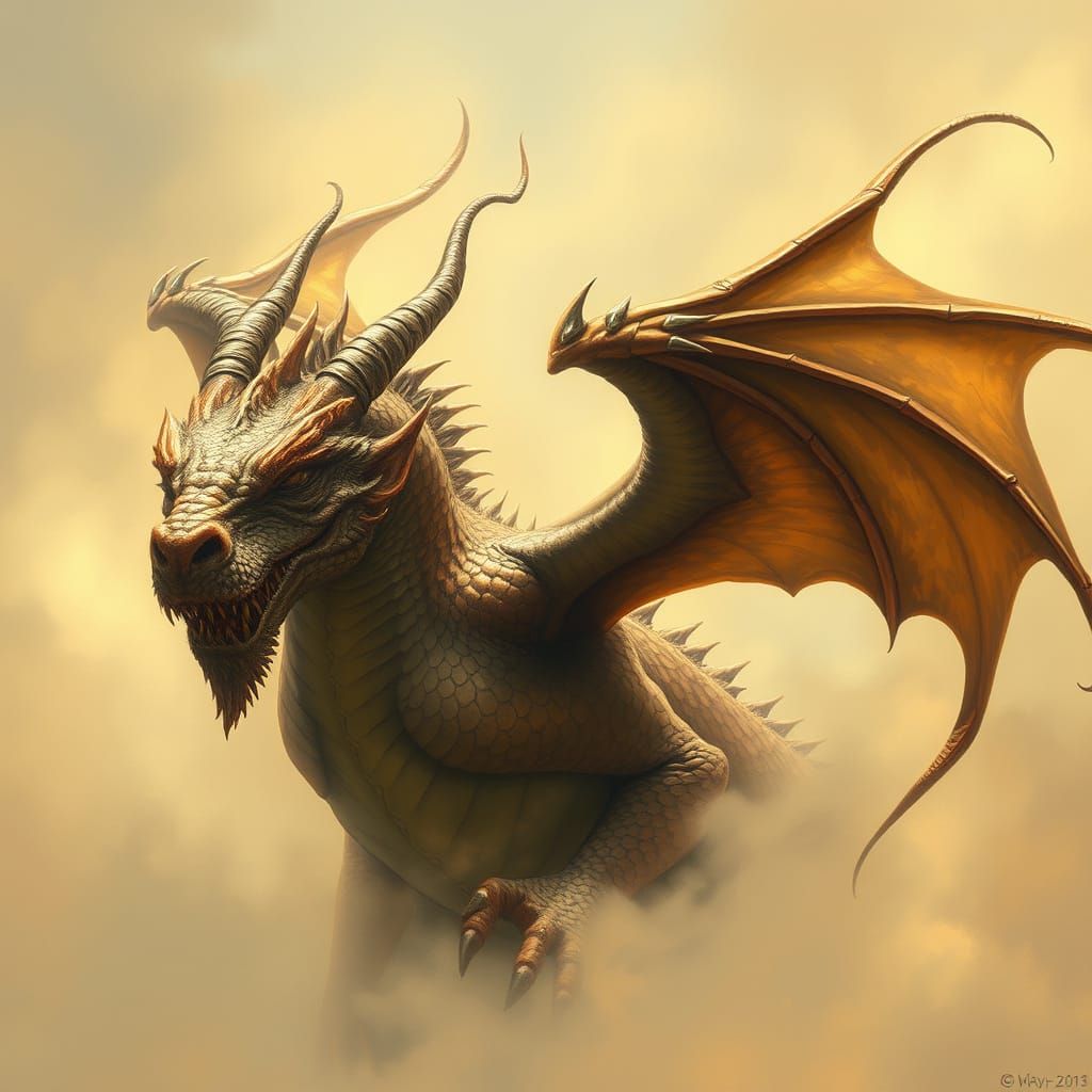 Majestic Dragon in Mystical Golden Mist