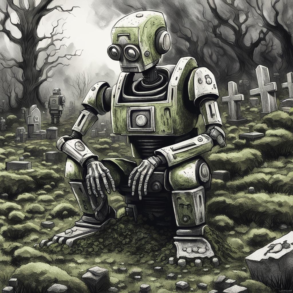 Wasteland Robot Mourns in Post-Apocalyptic Scene