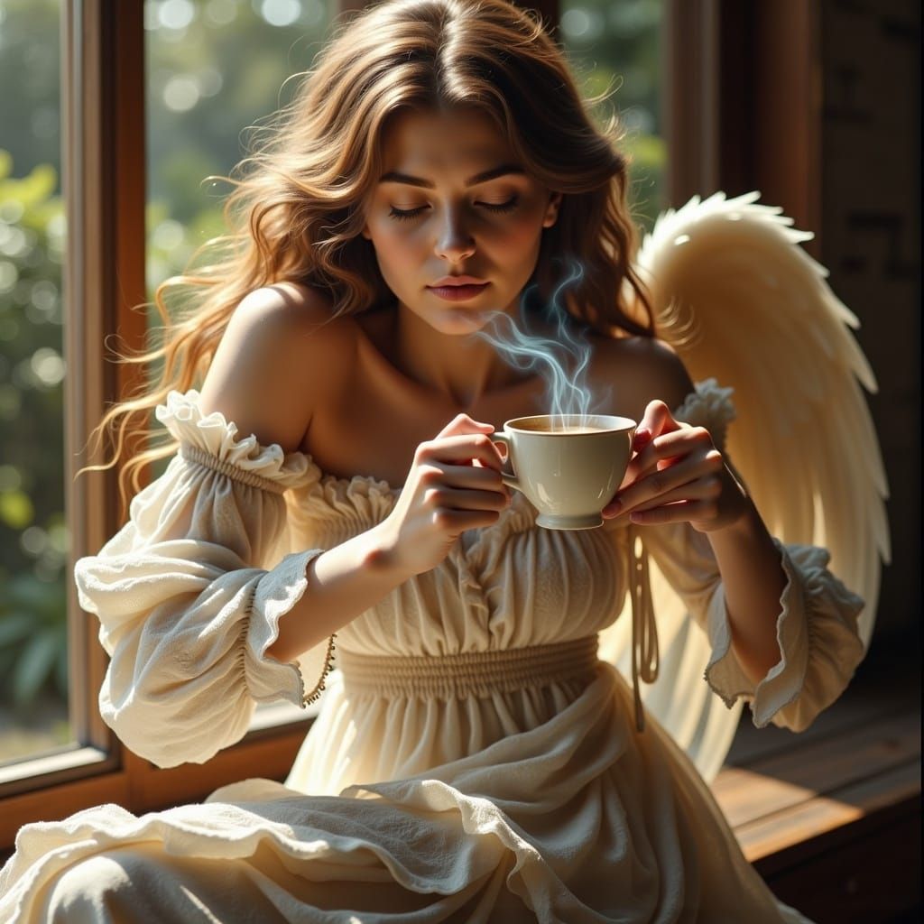 Hyperreal Angel Having Coffee in Flux Style