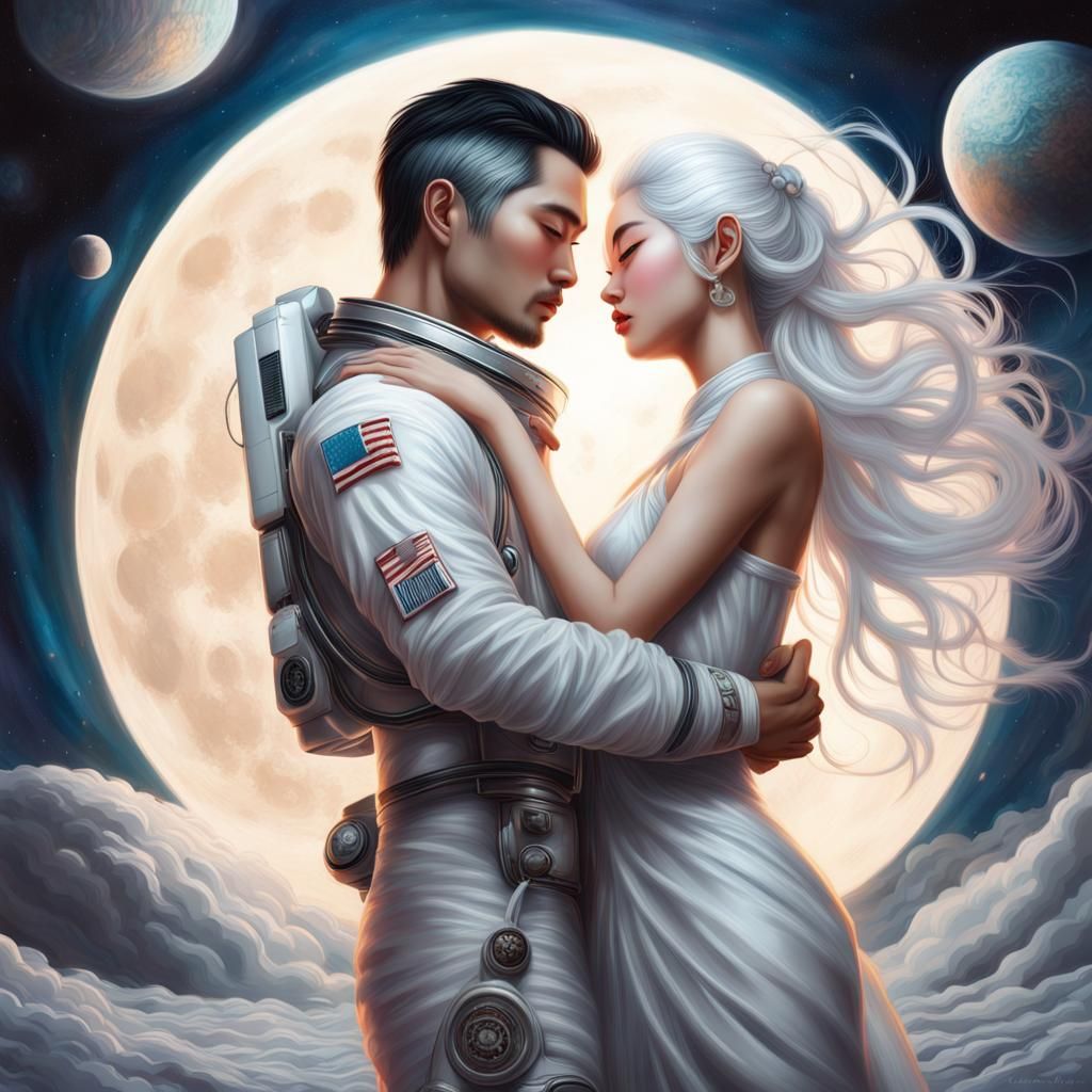 Thai Moon Goddess Embraces Astronaut: Hyperrealistic Splash ...