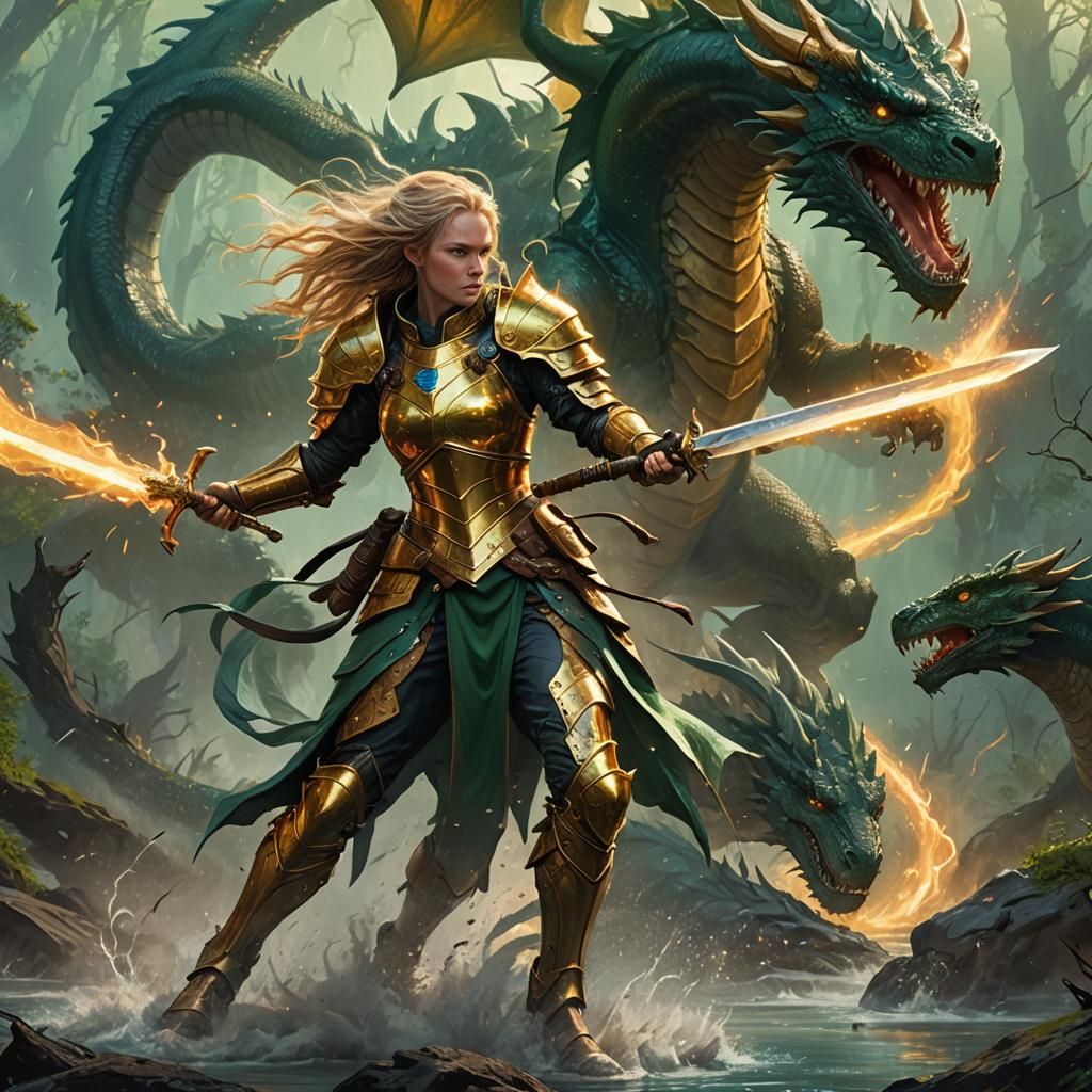 Armored Woman in Dragon Fight: Fantasy Art