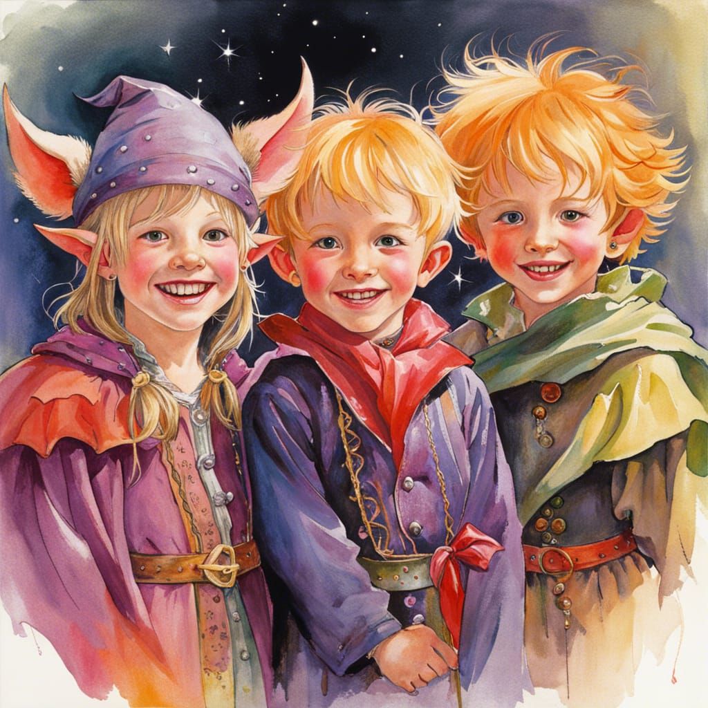 Boys and Girl in Costume with Masks by Alan Lee