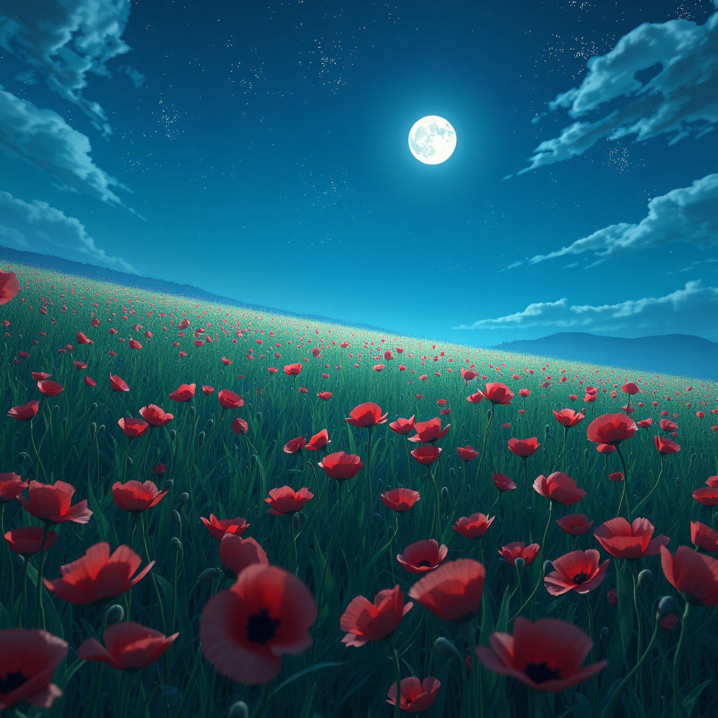 Moonlit Poppy Field: Anime-Inspired 3D Art
