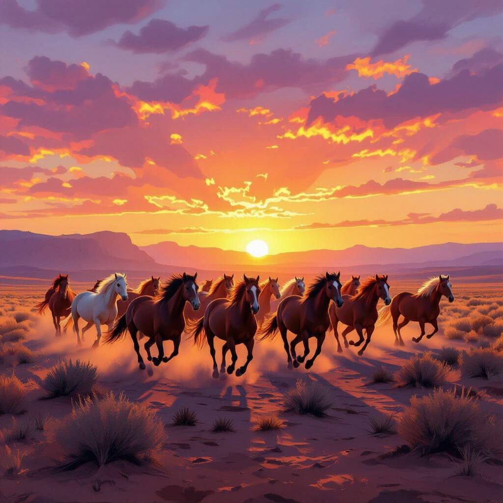 Wild Horses Gallop Through Desert at Sunset