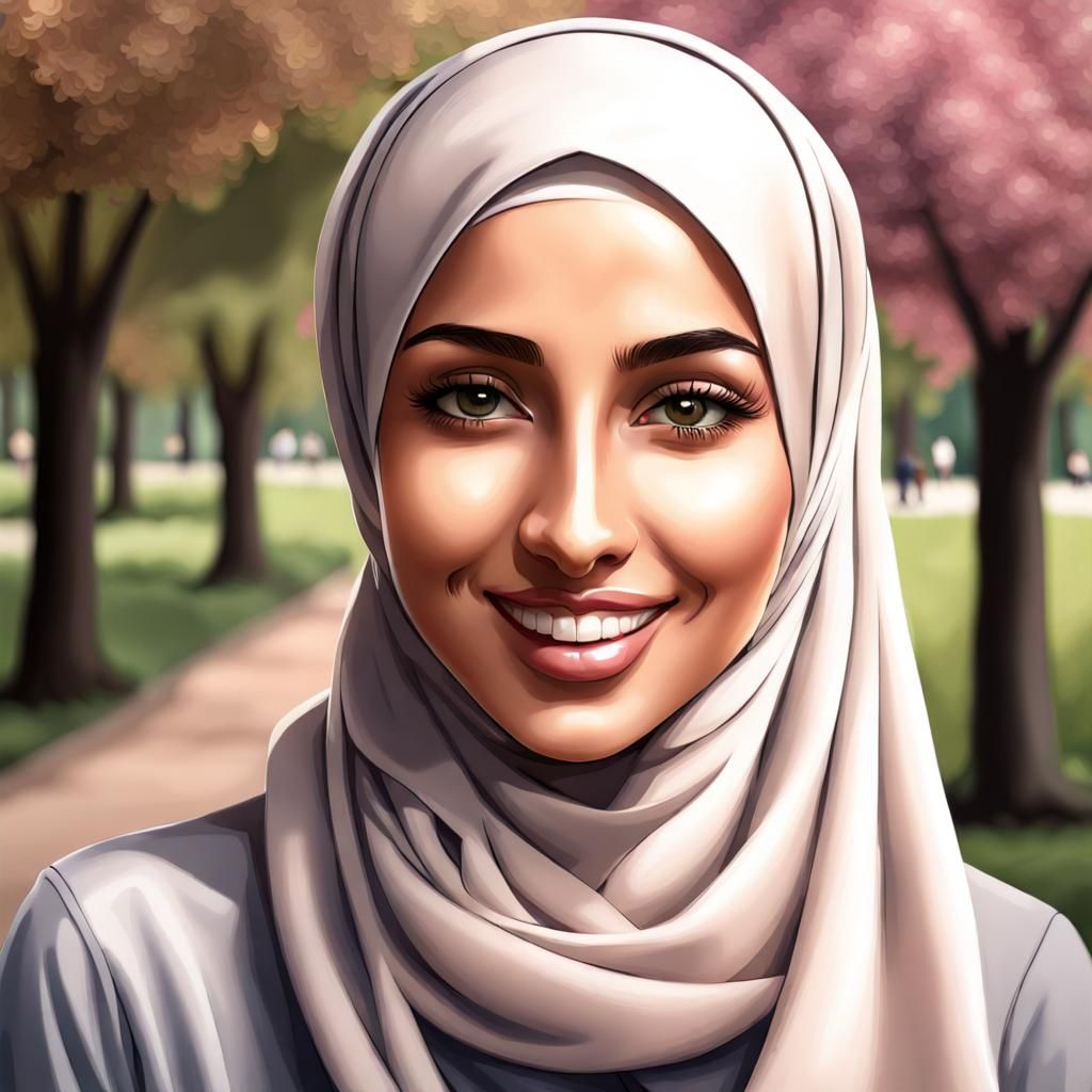 Smiling Hijabi Woman in Park, Realistic Detail