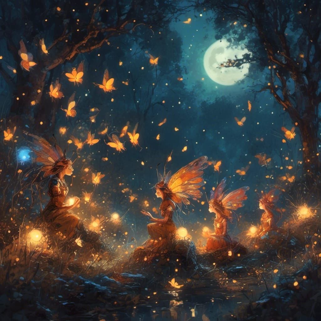 Multicolored Fairies Basking in Moonlight