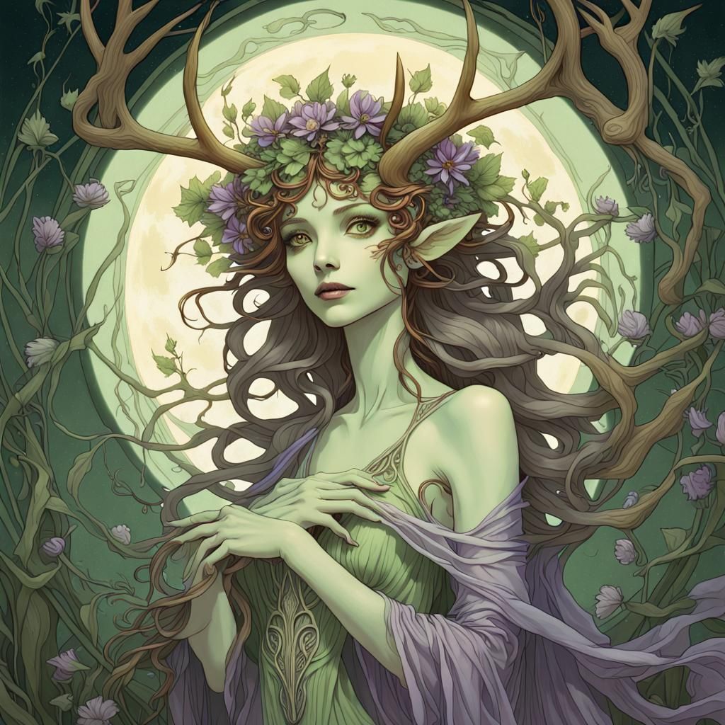 Mystical Alien Dryad in Art Nouveau Style