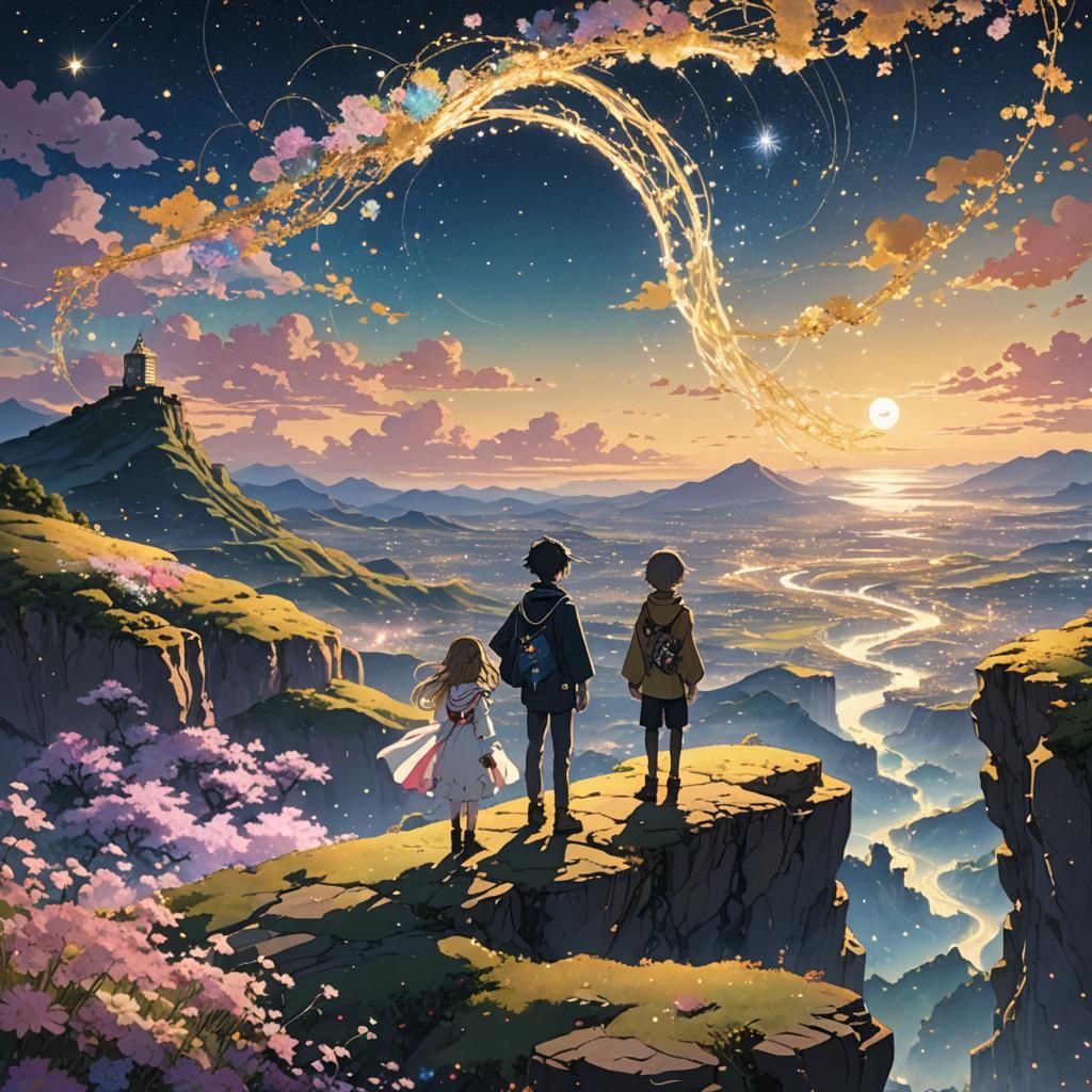 Ethereal Chains Bind Figures in Anime Starscape