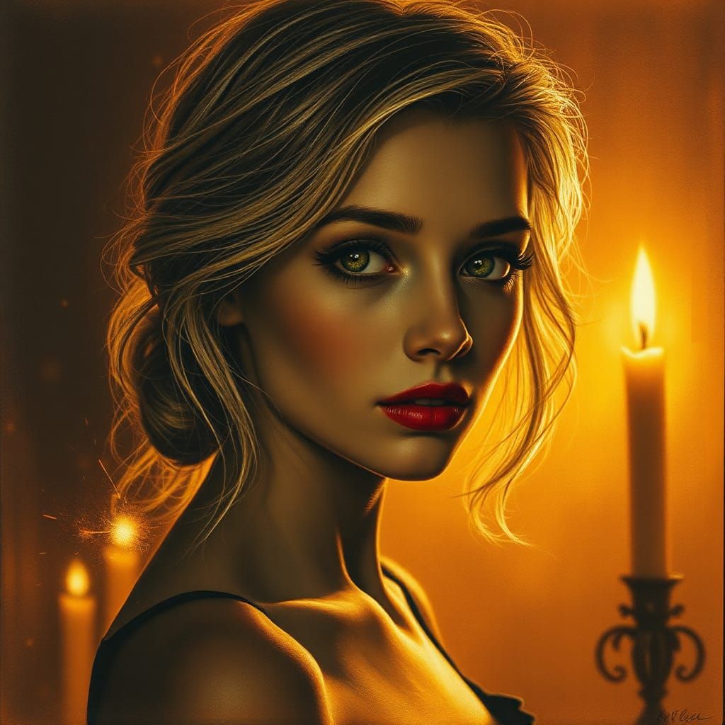 Silhouette of Blonde Woman in Candlelight, Charcoal Drawing