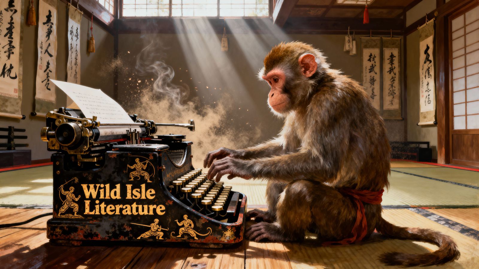 Macaque Typing on Kung Fu Typewriter in Dojo Oil Painting