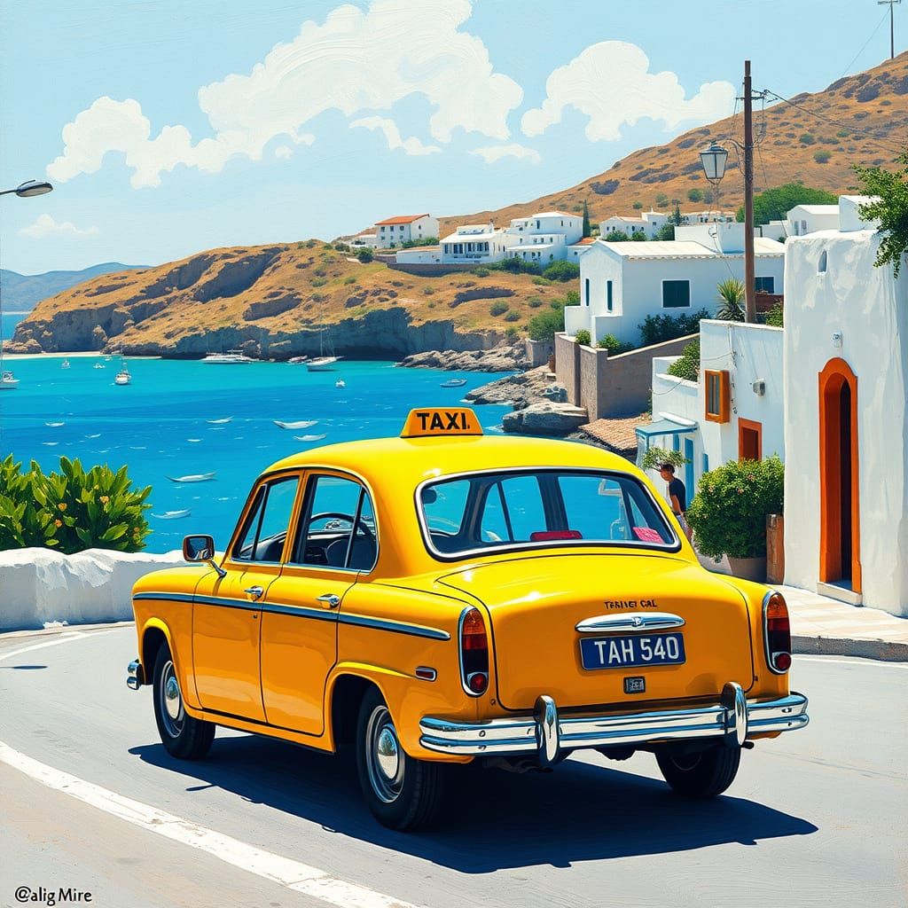Traditional Greek Island Taxi Cab Scene in Mediterranean Lig...