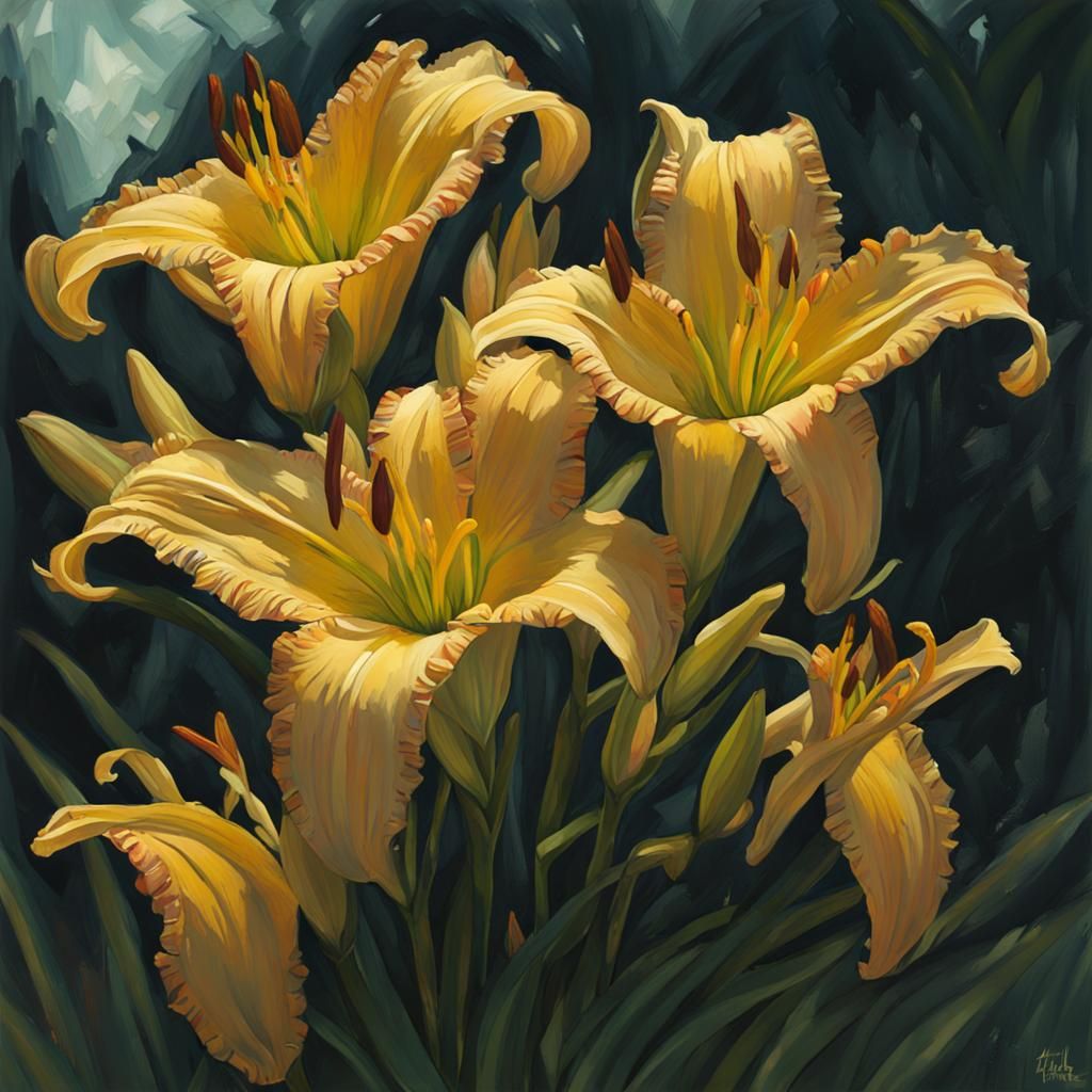 Pale Yellow Day Lilies in Gouache Style