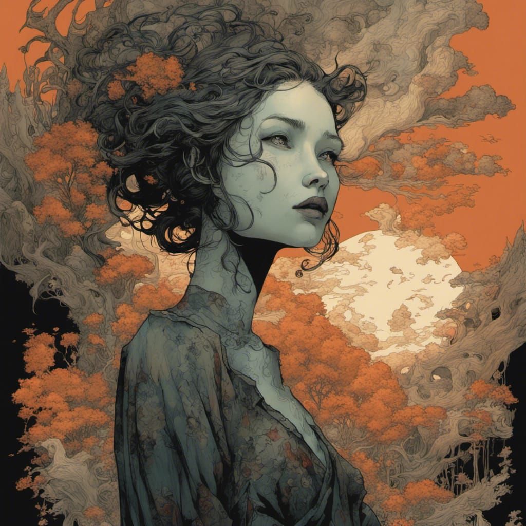 Fantasycore Woman in Ink and Lithography Style