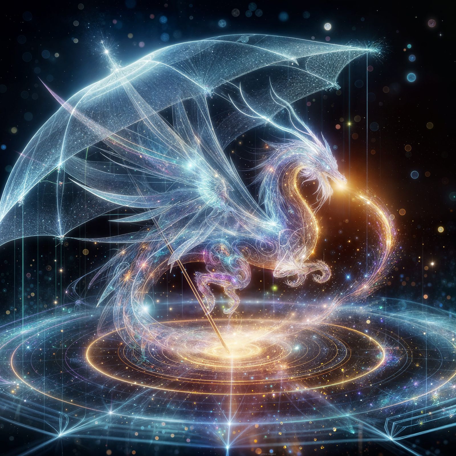 Luminous Holographic Dragon Unfolds from Radiant Umbrella