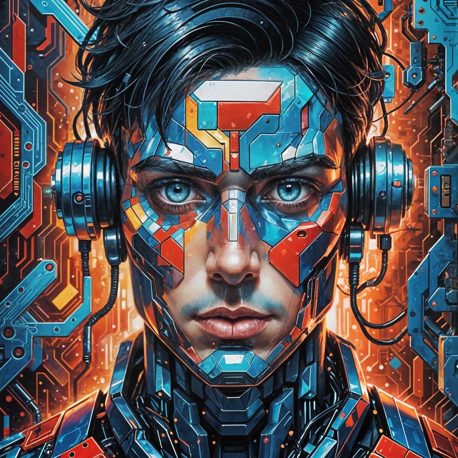 Creative abstract cubism painting 
Portrait of a black
haired 
Bryan Johnson 
android robot 
with enormous deep blue eye...