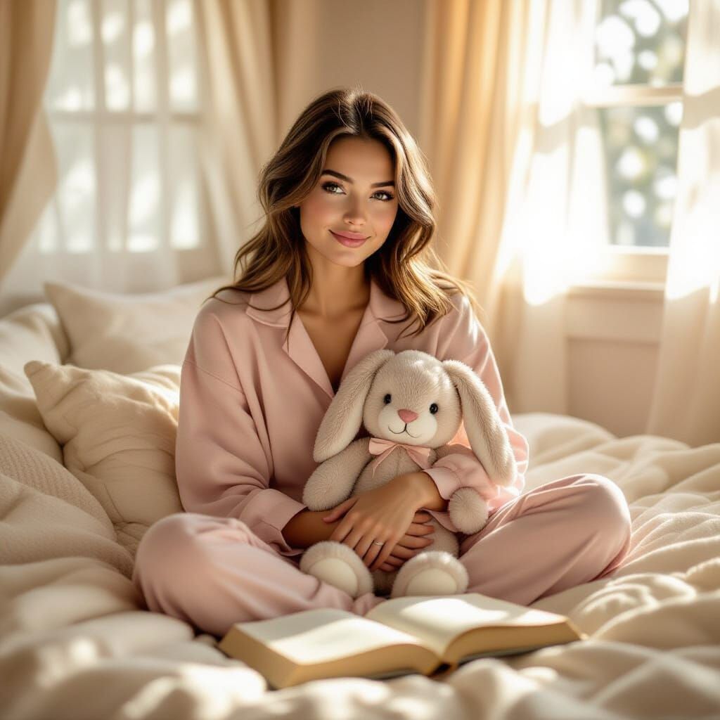 Cozy Morning Scene with Woman and Plush Bunny