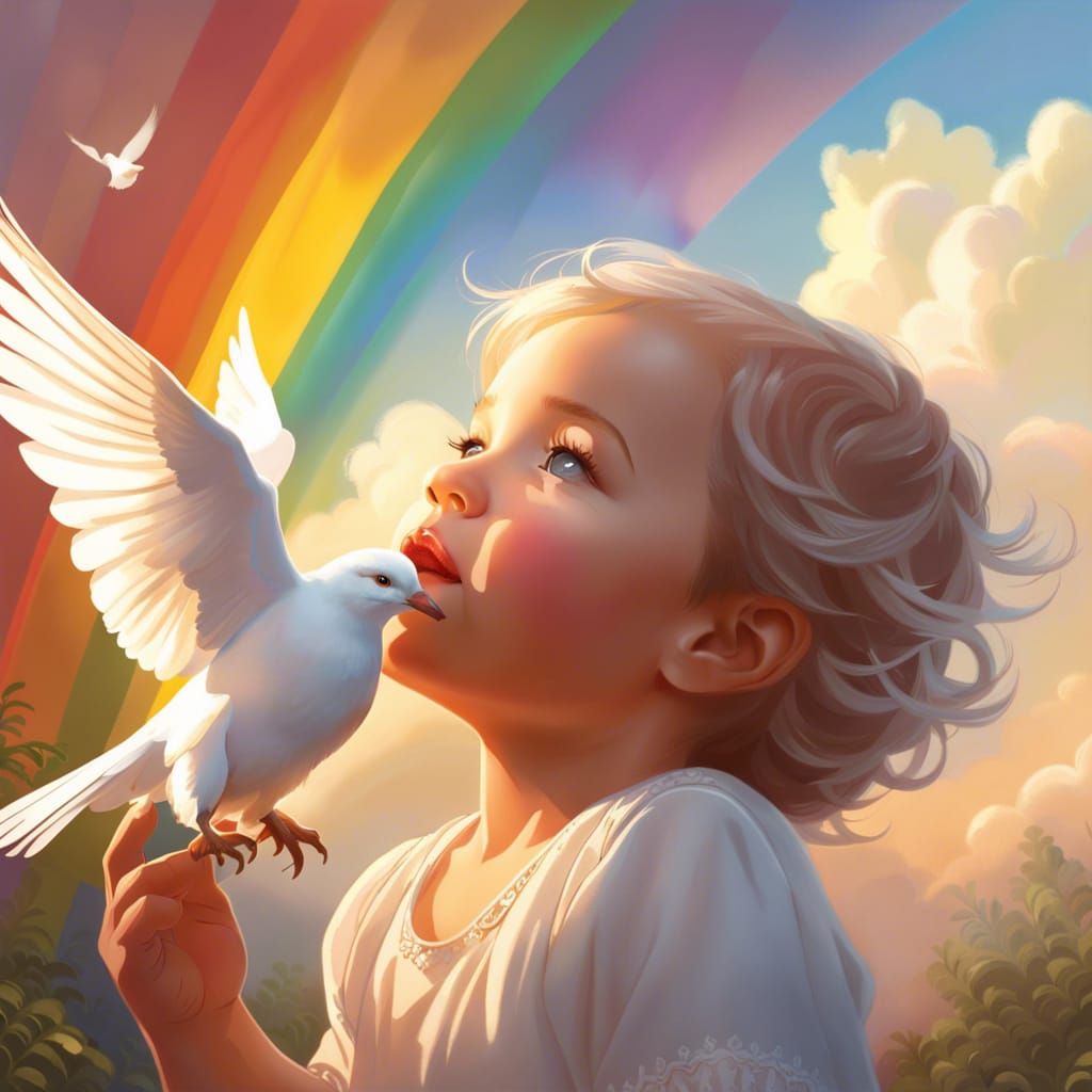 Toddler Releases Dove, Rainbow Sky, Detailed Art
