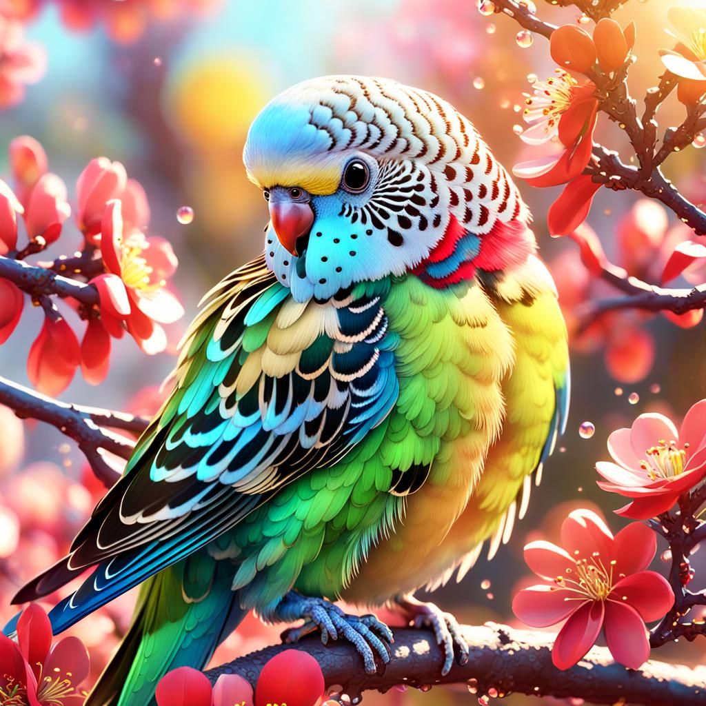 Budgie on Blossom Branch in 3D Rendering