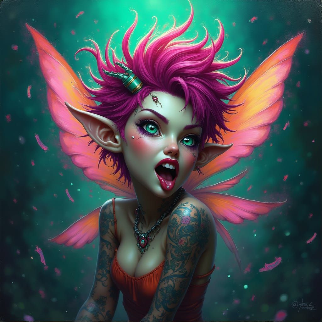 Tattooed Fairy with Spiky Hair in Oil Painting Style