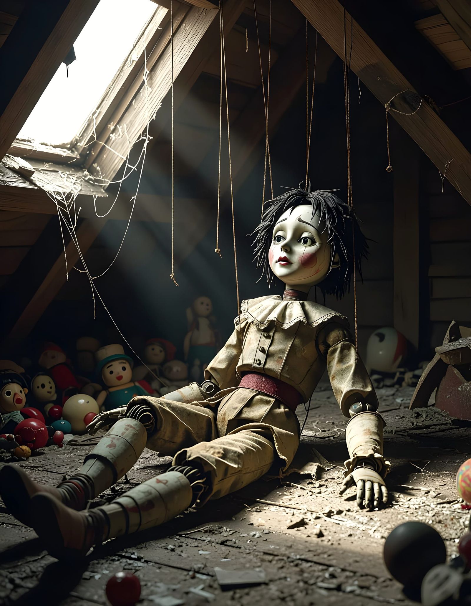 Sorrowful Marionette in Dusty Attic: Gothic Horror Portrait