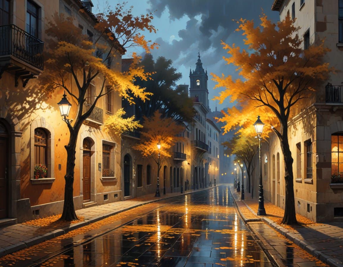 Surreal Cityscape at Dusk in Warm Golden Light