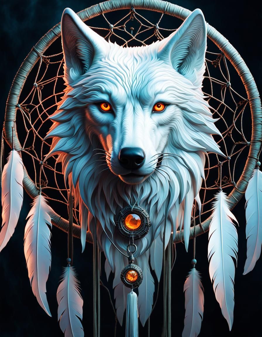 Futuristic Ghost Wolf Dreamcatcher in Surrealist Style