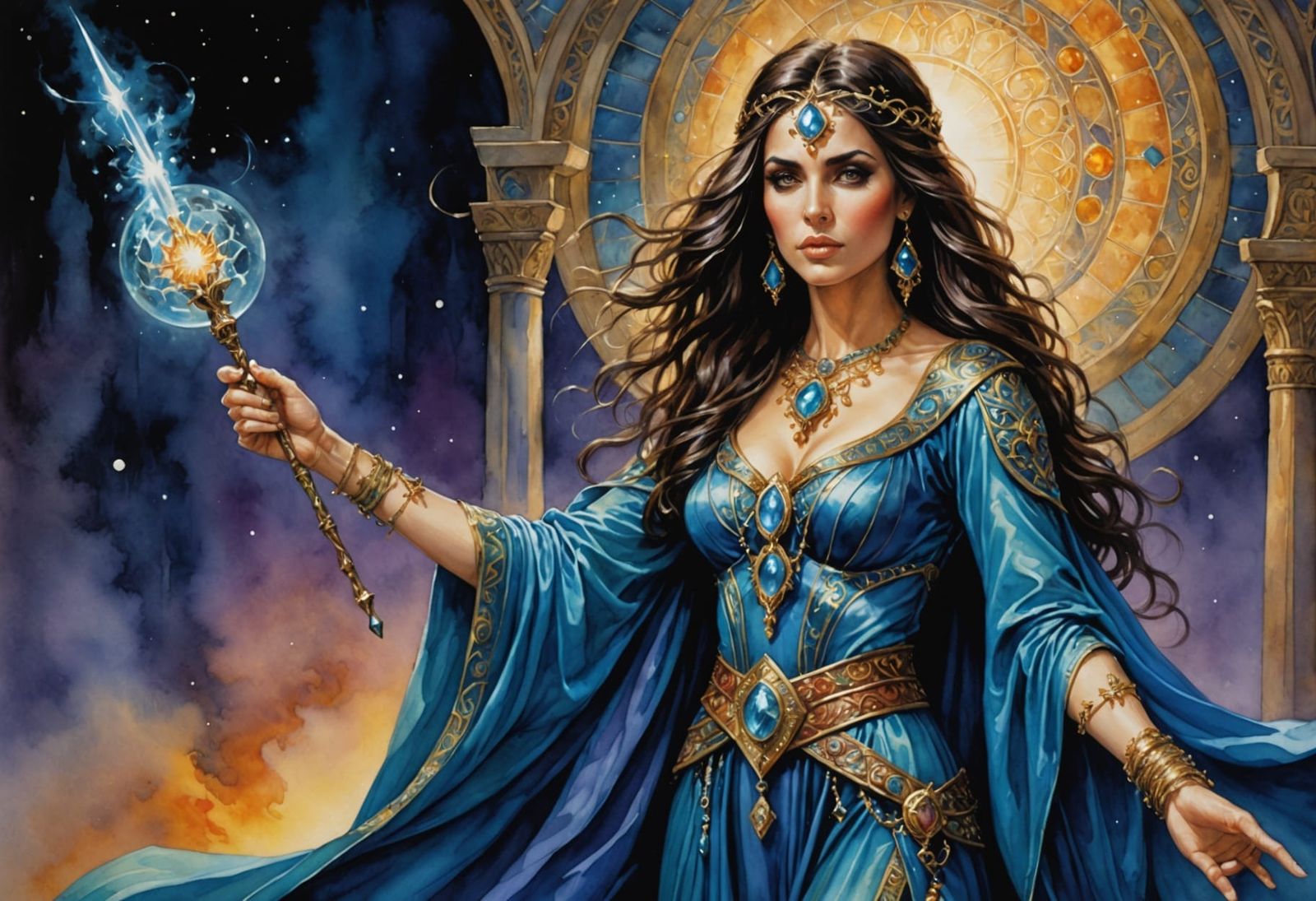 Enchanted Middle Eastern Sorceress in Whimsical Watercolor