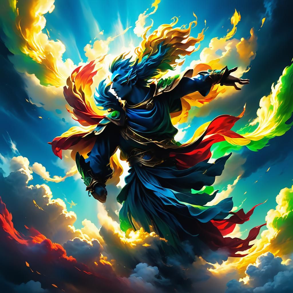 Air Elemental Dances in Colorful Sky: Anime-Inspired Art