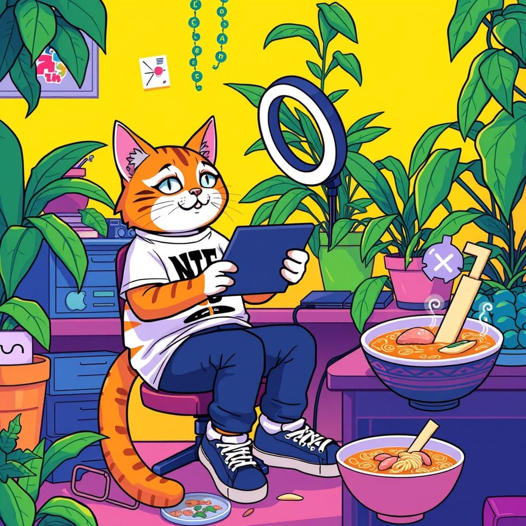 Gen Z Cat Vlogging at Desk in Vibrant Style