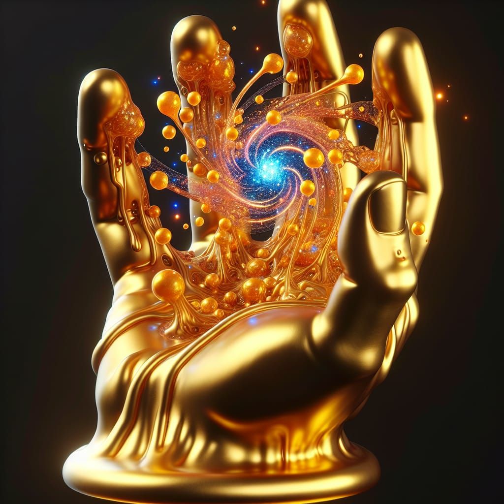 Golden Hand Holds Twirling Portal of Dancing Colors