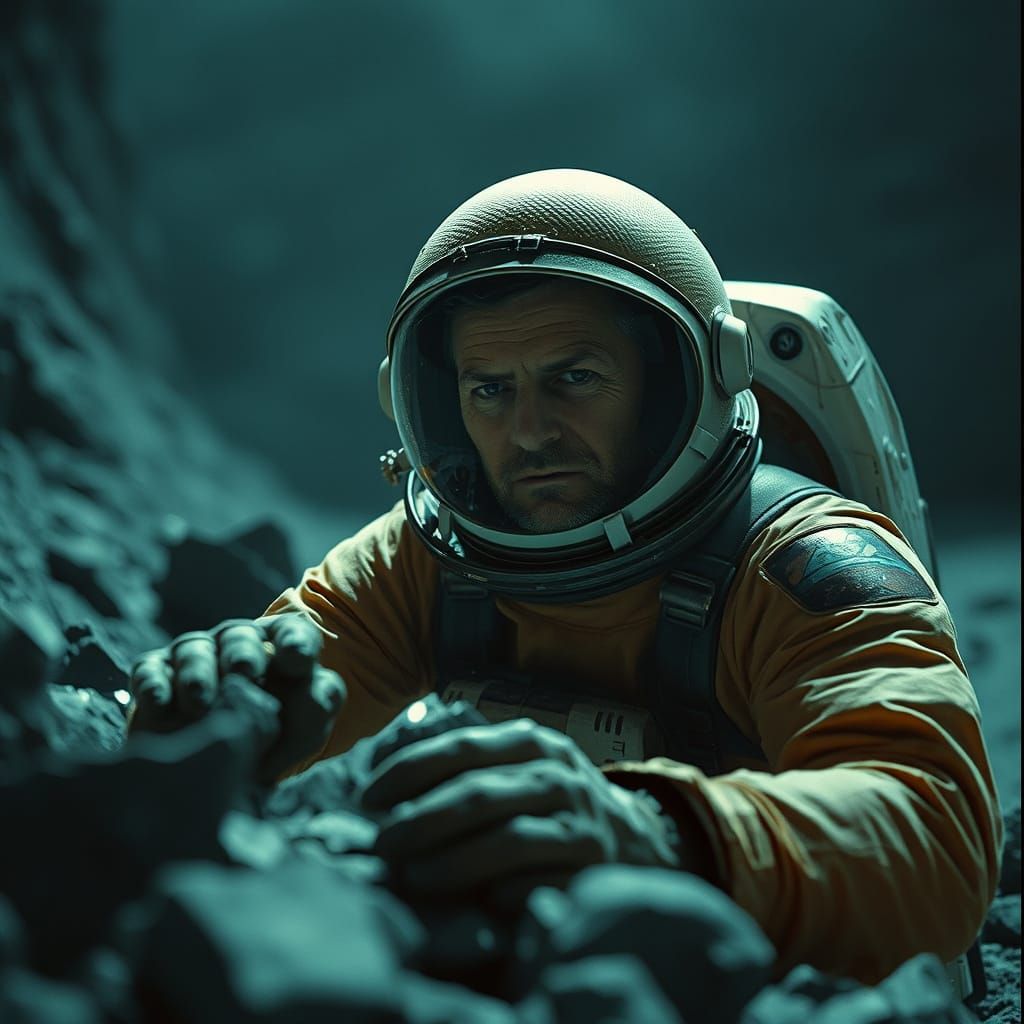 Astronaut Panning for Moon Rocks on Alien Planet