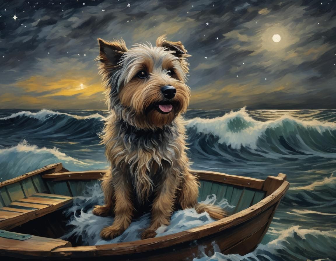 Dog at Sea: A Starry Night Impasto Painting