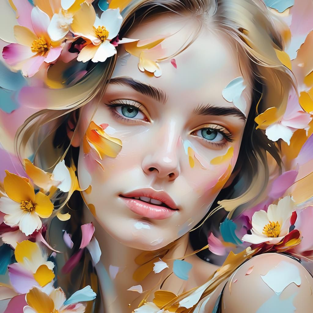 Serene Girl Surrounded by Petals in Abstract Expressionism
