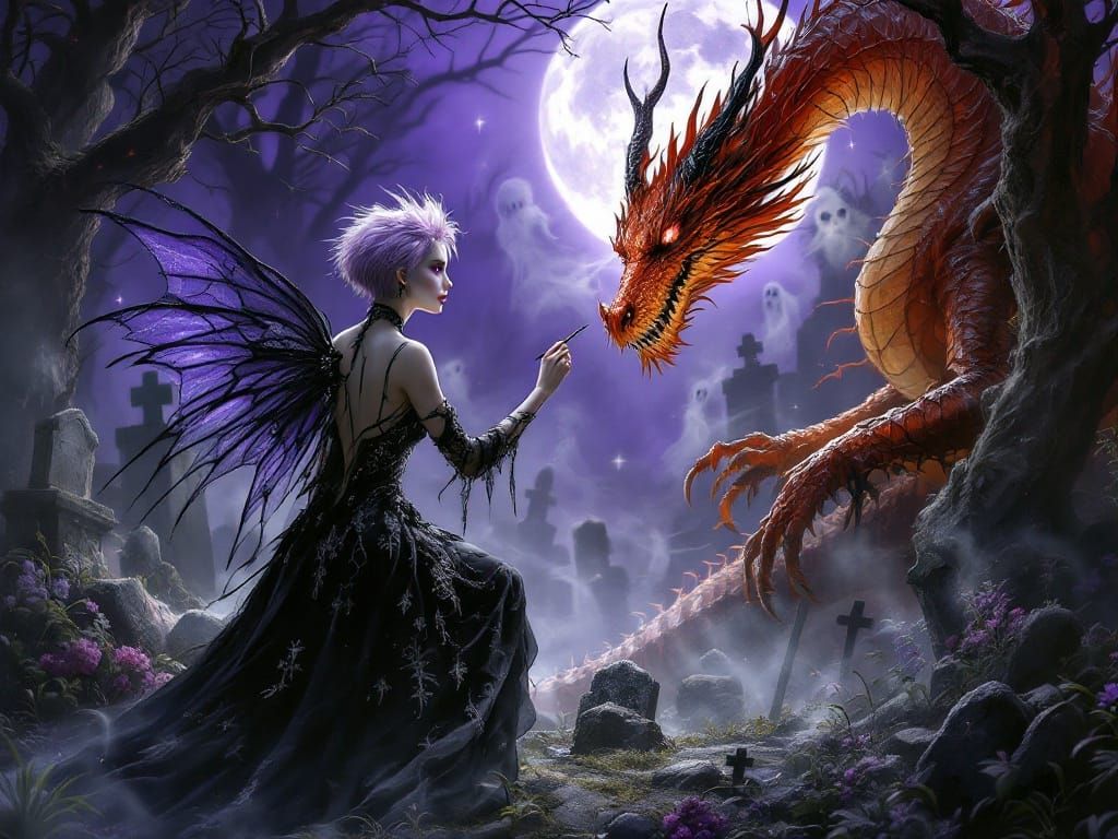 Gothic Fairy Paints Portrait of Orange Dragon in Moonlit Gra...