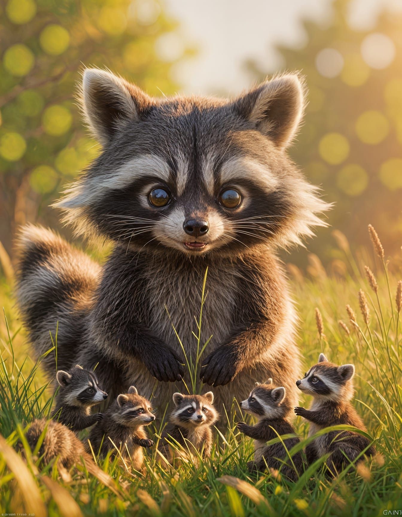 Giant Anime Raccoon with Companions Picking Grass