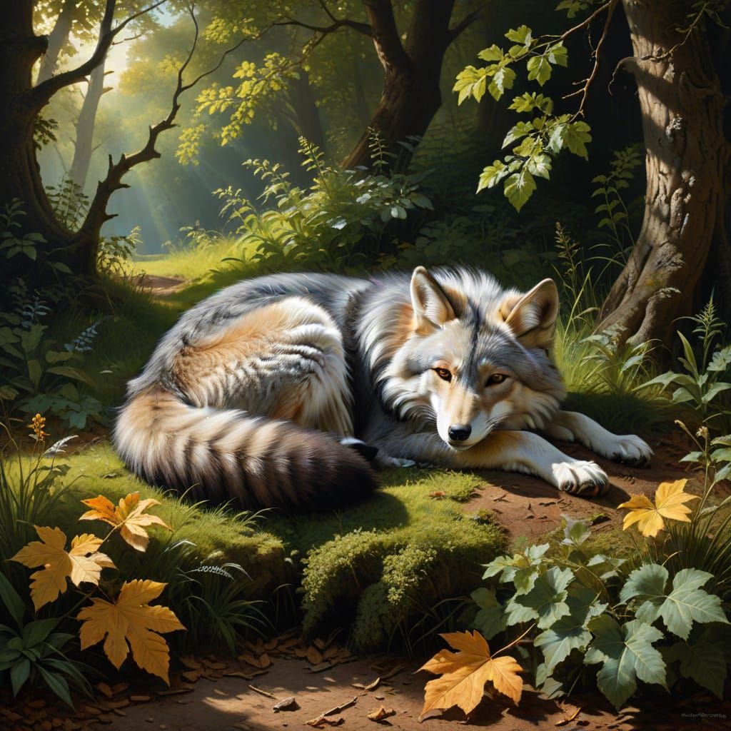 Silver Fox Sleeping in Summer Forest, Oil Painting