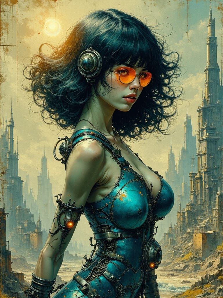 Biomechanical Cyborg Woman in Art Nouveau Comic Style