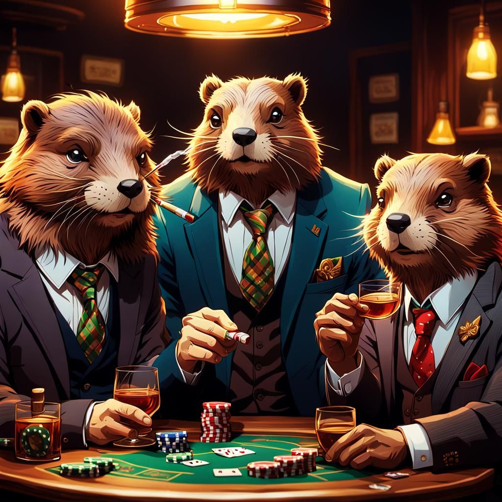 Beavers Playing Poker in Anime Style
