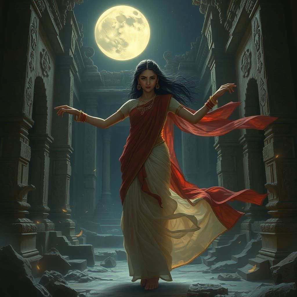 Shakchunni Emerges in Ruined Temple Under Moonlight