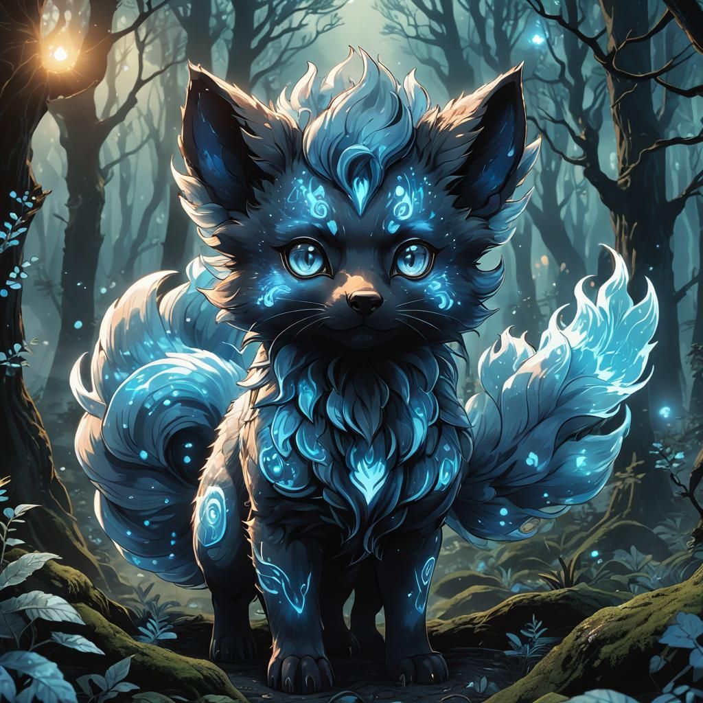 Bioluminescent Vulpix in Dark Fantasy Anime Style