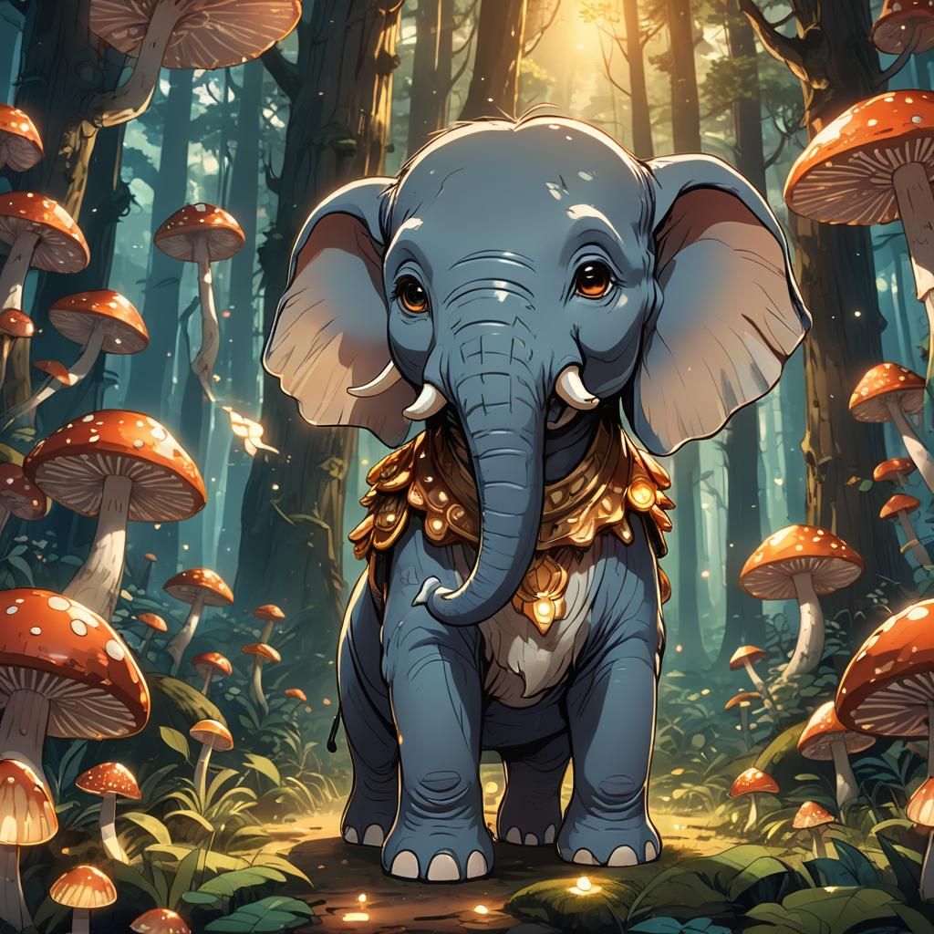 Glowing Chibi Elephant in Anime Forest