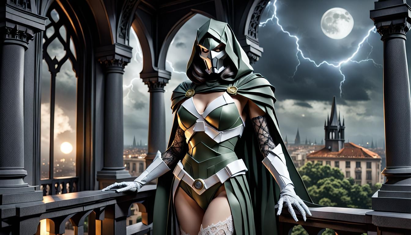 Hyperrealistic, Female Doctor Doom, lace underwear, on a gothic balcony, delivering a motivationsl speech. Stormy, moonl...