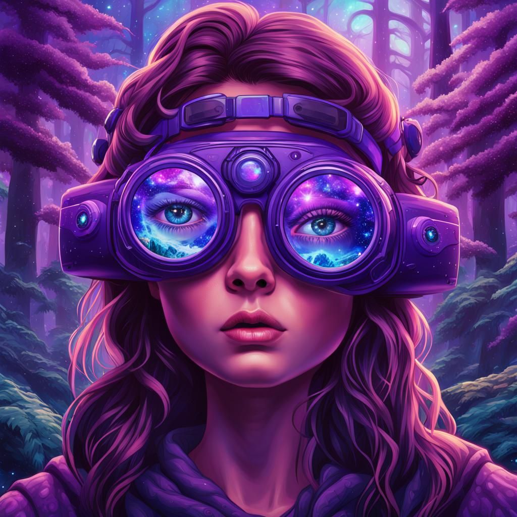 Girl in Purple Forest with Electronic Goggles